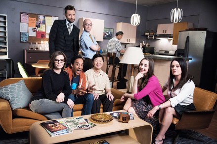 COMMUNITY, l-r: Gillian Jacobs, Joel McHale, Danny Pudi, Jim Rash, Ken Jeong, Alison Brie, Paget Brewster in 'Emotional Consequences of Broadcast Television' (Season 6, Episode 13, aired June 2, 2015). ph: Eddy Chen/©Yahoo!/courtesy Everett Collection