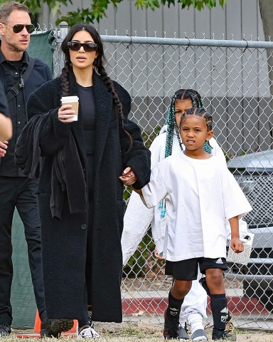 Kim Kardashian takes her kids to watch Saint play a soccer match in Calabasas. 03 Apr 2022 Pictured: Kim Kardashian. Photo credit: P&P / MEGA TheMegaAgency.com +1 888 505 6342 (Mega Agency TagID: MEGA844386_006.jpg) [Photo via Mega Agency]