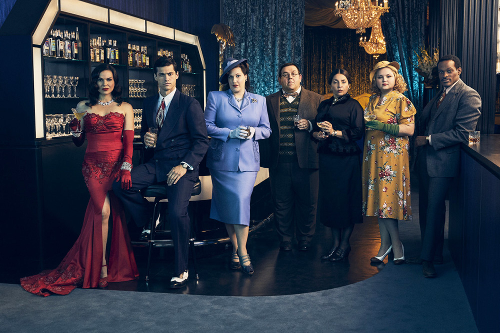 Pictured: Lana Parrilla as Rita, Matthew Daddario as Scooter, Allison Tolman as Alma, Nick Frost as Bertram, BK Cannon as Dee and Jordane Christie of the Paramount+ series WHY WOMEN KILL Photo Cr: Sarah Coulter/ ©2021 Paramount+, Inc. All Rights Reserved.