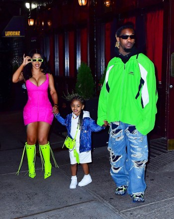 New York, New York - * EXCLUSIVE * - This is a family affair!  Cardi Bee spends her mother's day with her husband Offset and her daughter Culture in New York.  The couple was seen in bright colors with Cardi in a tight pink dress with neon green boots that coordinated with Offset's jacket and her daughter's bag!  Offset at one point grabbed his daughter and picked her up to throw playful kicks at nearby photographers.  Pictured: Cardi B, Offset, Culture BACKGRID USA MAY 8, 2022 BYLINE MUST READ: PapCulture / BACKGRID USA: +1 310 798 9111 / usasales@backgrid.com UK: +44 208 344 2007 / uksalidents@UKback.comles - * Photos containing children, please pixelate the face before posting *