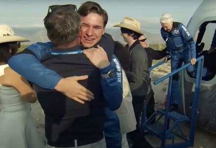 Editorial use only. HANDOUT /NO SALESMandatory Credit: Photo by BLUE ORIGIN/HANDOUT/EPA-EFE/Shutterstock (12223160y)A frame grab from a Blue Origin handout video showing Oliver Daemen (L) and Wally Funk reacting as they leave the capsule after Blue Origin New Shepard with Jeff Bezos, Mark Bezos, Wally Funk and Oliver Daemen returns to earth after a trip to space following lift off from Launch Site One, Texas, USA, 20 July 2021.Jeff Bezos and New Shepard launch, Launch Site One, USA - 20 Jul 2021