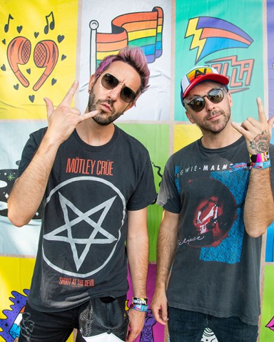 Jack Barakat, left, and Alex Gaskarth of All Time Low pose on day one of the Lollapalooza Music Festival, at Grant Park in Chicago 2021 Lollapalooza Music Festival - Day 1, Chicago, United States - 29 Jul 2021