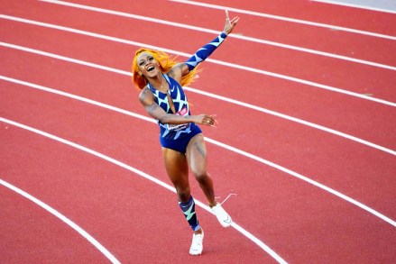 Sha'Carri Richardson celebrates after winning the women's 100-meter run at the U.S. Olympic Track and Field Trials, in Eugene, OreUS Track Trials Athletics, Eugene, United States - 19 Jun 2021