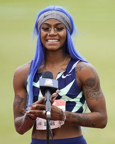 Sha'Carri Richardson is interviewed after winning her heat of the the women's 100-meter dash prelim during the USATF Golden Games at Mt. San Antonio College, in Walnut, Calif
USATF Golden Games, Walnut, United States - 09 May 2021