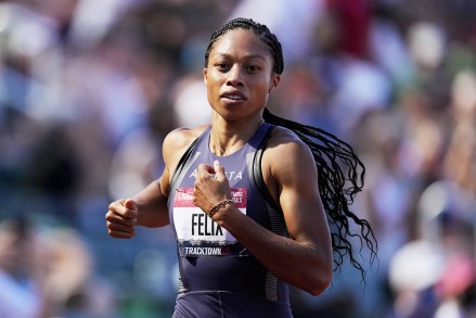 Allyson Felix finishes second during a semi-final in the women's 200-meter run at the US Olympic Track and Field Trials, in Eugene, Ore. US Track Trials Athletics, Eugene, United States - 25 Jun 2021