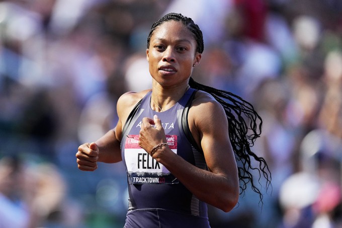 Allyson Felix races at the women’s 200-meter run at the 2020 U.S. Olympic Track and Field Trials