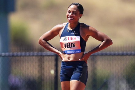 Allyson Felix reacts after winning the women's 150 m race at the Weltklasse Zürich Inspirational Games at the University of Mt.  San Antonio, in Walnut, California.