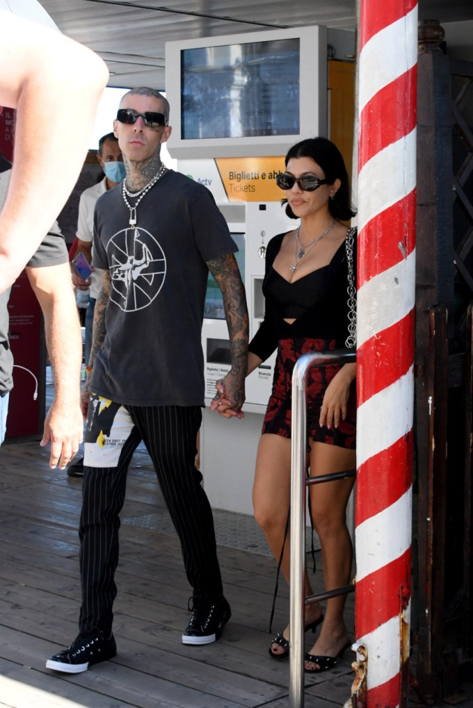Kourtney Kardashian and Travis Barker arrive in Venice, Italy