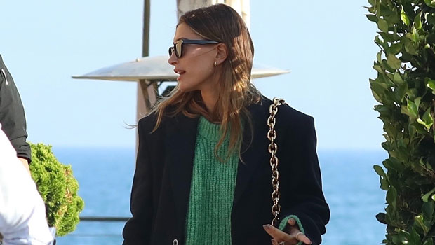 Hailey Bieber in black blazer and green sweater in Malibu on August 6 ~ I  want her style - What celebrities wore and where to buy it. Celebrity Style