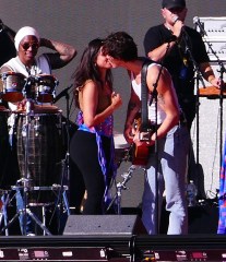 Camila Cabello and Shawn Mendes share multiple kisses as they laugh as stagehand keeps building the set during their romantic soundcheck as fans join in on the laughs as they perform at Global Citizens in the hot sun day before massive event in Central Park in New York City. The pop star brought out her boyfriend to sing their hit song "Señorita" together in the hot sun and as the pair at times even stared at the stage hand who went about his business to complete making the massive stage. 24 Sep 2021 Pictured: Camila Cabello, Shawn Mendes. Photo credit: Brian Prahl/MEGA TheMegaAgency.com +1 888 505 6342 (Mega Agency TagID: MEGA790212_007.jpg) [Photo via Mega Agency]