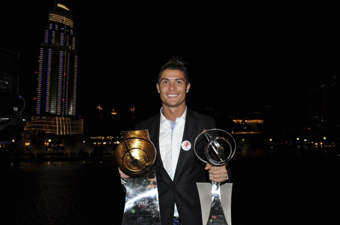Cristiano Ronaldo with his trophies at the Globe Soccer Awards Ceremony