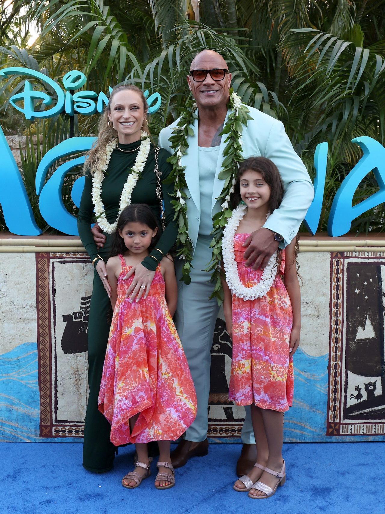 KAPOLEI, HAWAII - NOVEMBER 21: (L-R) Lauren Hashian, Tiana Johnson, Dwayne Johnson and Jasmine Johnson attend the World Premiere of Walt Disney Animation Studios' "Moana 2" in Kapolei, Hawaii on November 21, 2024. (Photo by Rodin Eckenroth/Getty Images for Disney)