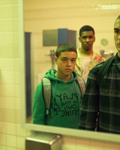 ON MY BLOCK (L to R) JASON GENAO as RUBY MARTINEZ, BRETT GRAY as JAMAL TURNER, and DIEGO TINOCO as CESAR DIAZ in episode 401 of ON MY BLOCK Cr. COURTESY OF NETFLIX © 2021