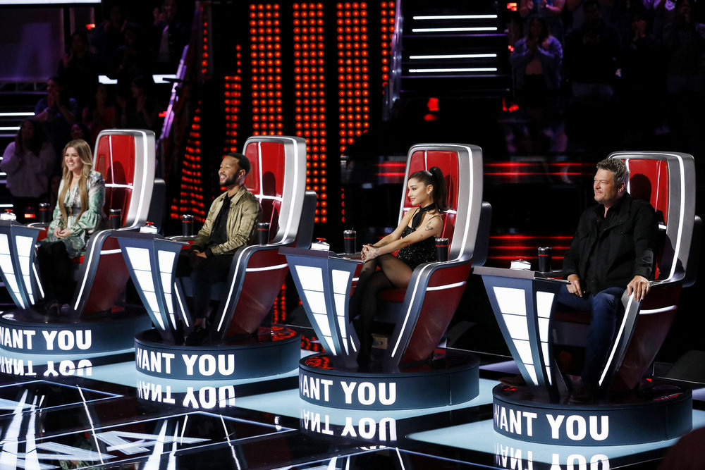 THE VOICE -- "Blind Auditions" -- Pictured: (l-r) Kelly Clarkson, John Legend, Ariana Grande, Blake Shelton -- (Photo by: Trae Patton/NBC)