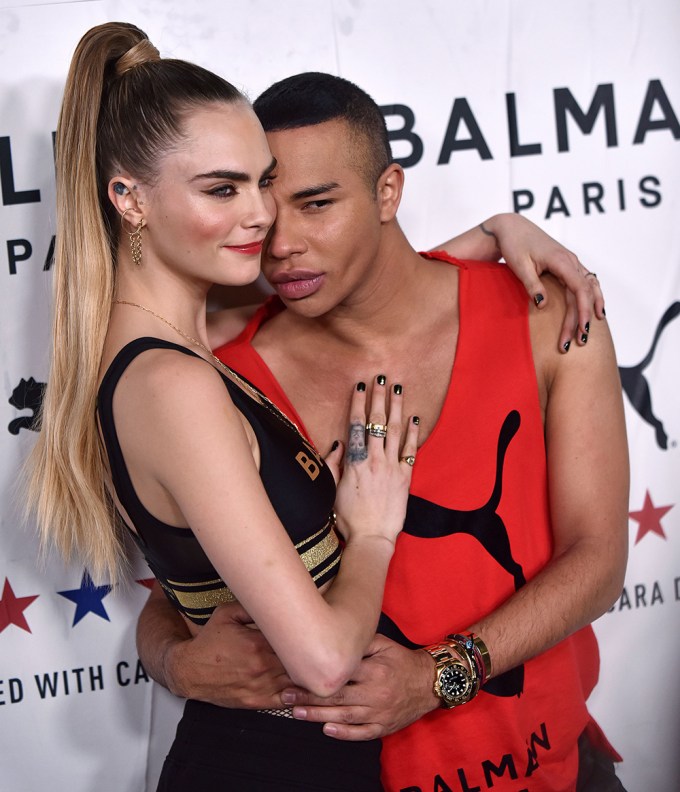 Olivier Rousteing with Model Cara Delevingne at the Puma x Balmain Launch in 2019