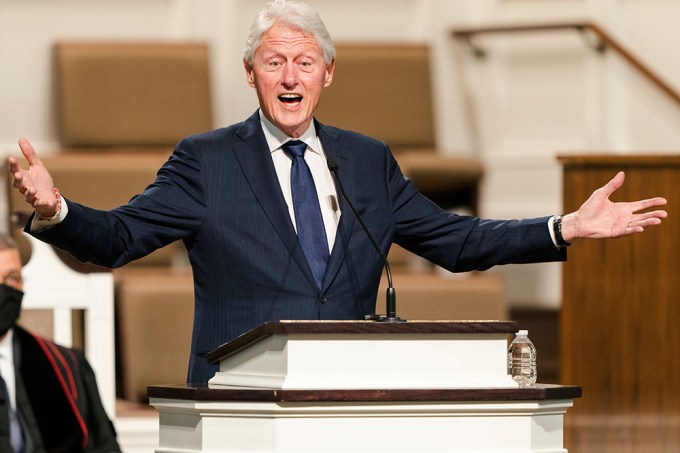 Bill Clinton is animated during a service for Henry ‘Hank’ Aaron