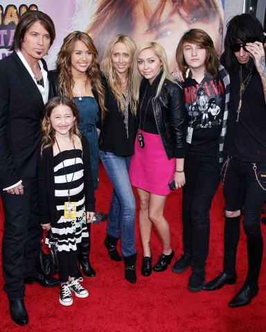 Billy Ray Cyrus, Miley Cyrus, Noah Cyrus, Braison Cyrus, Brandi Cyrus, guest, Trace Cyrus, Tish Cyrus'Hannah Montana: The Movie' film premiere, Hollywood, Los Angeles, America - 02 Apr 2009The film is the popular Disney character's first foray onto the big screen and takes teen sensation Miley's 'Hannah Montana' series to the next level. It sees Miley Stewart struggling to juggle school, her friends and her secret pop-star persona, Hannah Montana. With fame threatening to consume his daughter, Miley's father Robby Ray (played by Miley's real life dad Billy Ray Cyrus) takes the family back home to Grandma Ruby's (Margo Martindale) Tennessee farm in Crowley Corners. Initially out of her element, Miley soon finds romance and learns a thing or two about what it means to truly live life out of the spotlight.