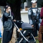 EXCLUSIVE: Jennifer Love Hewitt and her husband Brian Hallisay take their new born baby for a "trick or treating" around their neighborhood in Pacific Palisades
