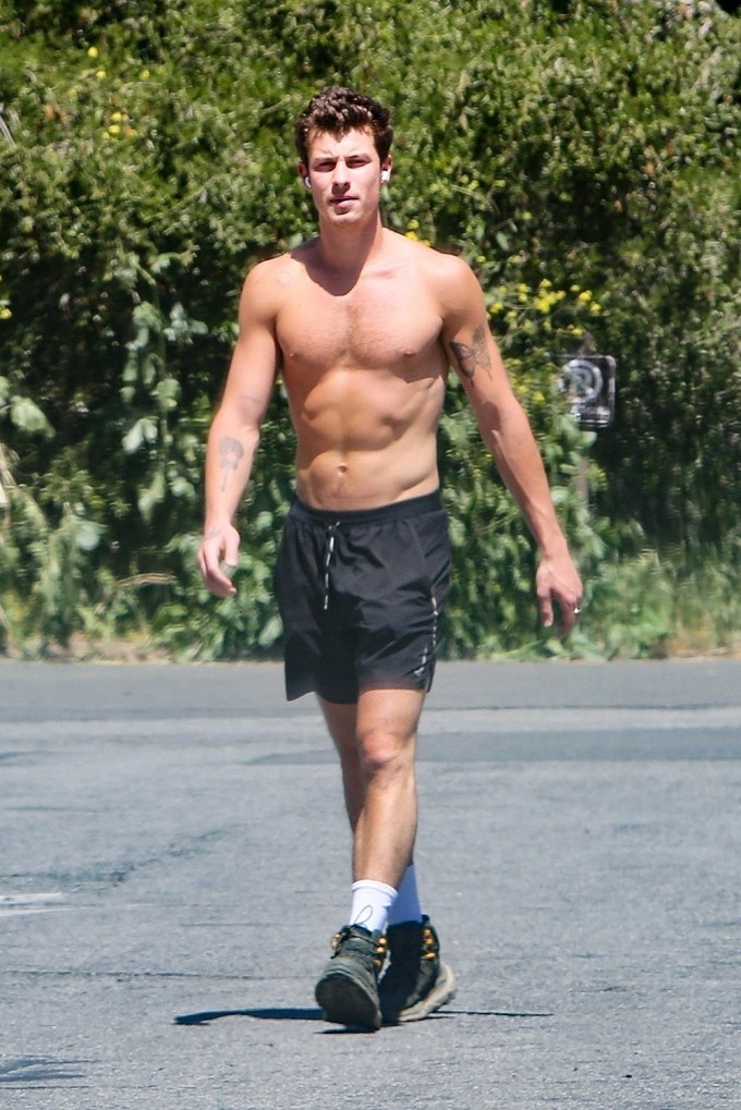 Shawn Mendes shirtless on a hike