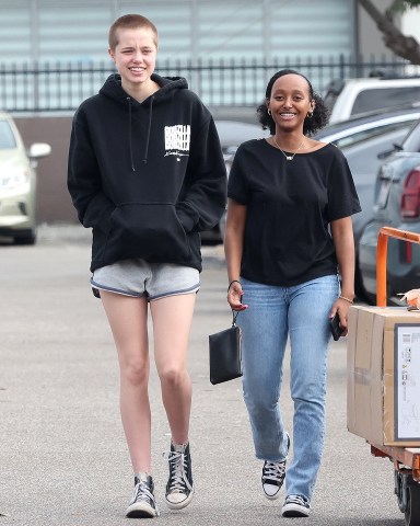 ** RIGHTS: NO PRINT ** Los Angeles, CA - *EXCLUSIVE* - Sisters Shiloh Jolie-Pitt and Zahara Jolie-Pitt are all smiles as they go shopping at Home Depot together. Shiloh showed off her recent buzcut much like the one mom Angelina Jolie sported in her 1997b film Gia.Pictured: Shiloh Jolie-Pitt, Zahara Jolie-PittBACKGRID USA 7 JANUARY 2023 USA: +1 310 798 9111 / usasales@backgrid.comUK: +44 208 344 2007 / uksales@backgrid.com*UK Clients - Pictures Containing ChildrenPlease Pixelate Face Prior To Publication*