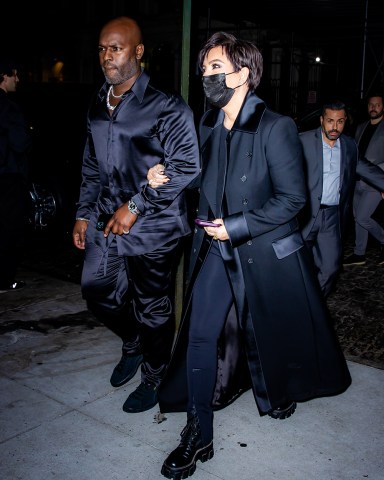 Kris Jenner rocks an all black ensemble arriving with boyfriend Corey Gamble to the SNL After Party at Zero Bond  Pictured: Kris Jenner,Corey Gamble Ref: SPL5264910 101021 NON-EXCLUSIVE Picture by: @TheHapaBlonde / SplashNews.com  Splash News and Pictures USA: +1 310-525-5808 London: +44 (0)20 8126 1009 Berlin: +49 175 3764 166 photodesk@splashnews.com  World Rights