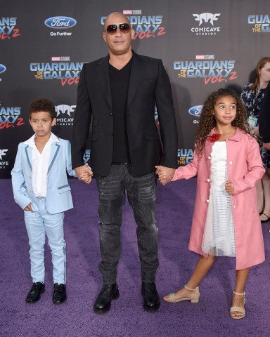 Vin Diesel, center, and his children, form left, Vincent Sinclair and Hania Riley Sinclair arrive at the world premiere of "Guardians of the Galaxy Vol. 2" at the Dolby Theatre, in Los Angeles
World Premiere of "Guardians of the Galaxy Vol. 2" - Arrivals, Los Angeles, USA - 19 Apr 2017