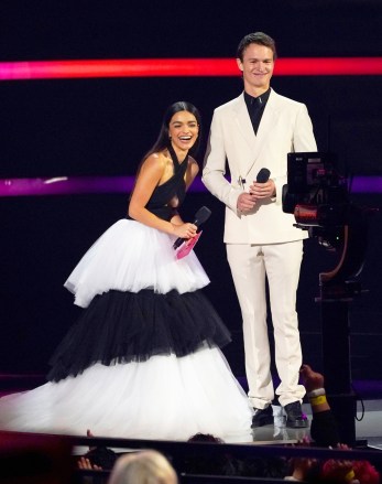 Rachel Zegler, left, and Ansel Elgort present the award for favorite rock artist at the American Music Awards on at Microsoft Theater in Los Angeles
2021 American Music Awards - Show, Los Angeles, United States - 21 Nov 2021