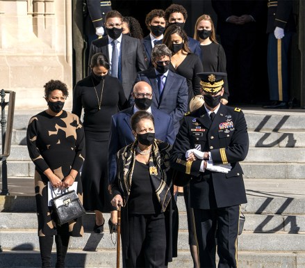 Alma Powell, wife of Secretary of State Colin Powell, and members the Powell family exit behind the casket of former Secretary of State and Army general Colin Powell following memorial services at the National Cathedral in Washington, DC, November 5, 2021. Colin Powell died October 18, at the age of 84, of complications from COVID-19 after a battle with brain cancer.     Photo Ken Cedeno/UPI
Gen. Colin Powell Memorial Services at Washington National Cathedral, District of Columbia, United States - 05 Nov 2021