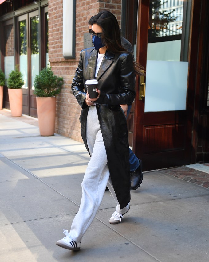 Kendall Jenner in Sweats & Leather Coat