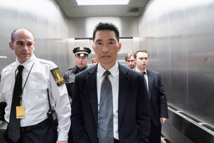 FBI Special Agent Matthew Ryker, played by Daniel Dae Kim, and Agent Chris Moore, played by Ian Colletti, in the elevator at 30 Rock. (National Geographic/Peter Stranks)