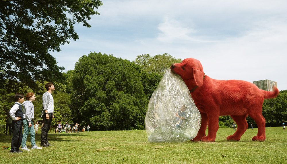 Izaac Wang, Darby Camp and Jack Whitehall in CLIFFORD THE BIG RED DOG from Paramount Pictures. Photo Credit: Paramount Pictures