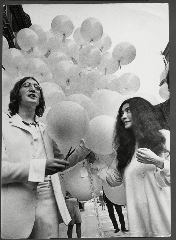 John Lennon and Yoko Ono at an art exhibition in 1968