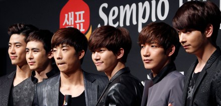 South Korean boy band 2PM members pose for photo during a press conference in Tokyo, . Band members from left to right are.,Taecyon, Nichkhun, Wooyoung, Junho, Junsu, and, Chansung
Japan 2PM, Tokyo, Japan