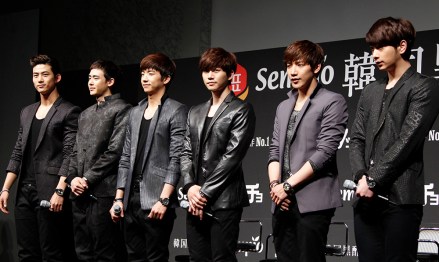 South Korean boy band 2PM members pose for photo during a press conference in Tokyo, . Band members from left to right are.,Taecyon, Nichkhun, Wooyoung, Junho, Junsu, and, Chansung
Japan 2PM, Tokyo, Japan