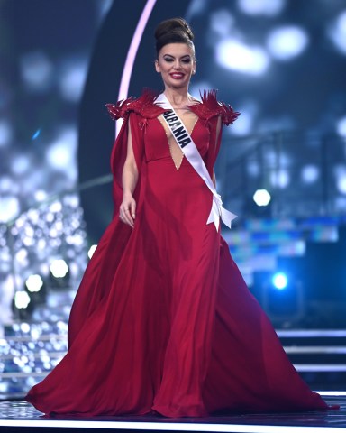 Ina Dajci, Miss Universe Albania 2021 competes on stage in her evening gown of choice during the MISS UNIVERSE® Preliminary Competition at the Universe Arena in Eilat, Israel on December 10, 2021. Tune in to the LIVE telecast on FOX and Telemundo on Sunday, December 12 at 7:00 PM ET to see who will become the next Miss Universe.