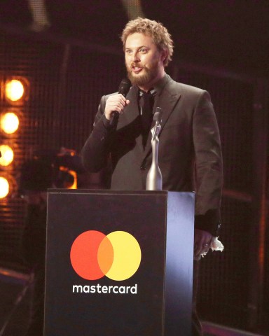 Duncan Jones, son of the late David Bowie, accepts the award for Album Of The Year on behalf of his father on stage at the Brit Awards 2017 in London
Britain Brits 2017 Show, London, United Kingdom - 22 Feb 2017