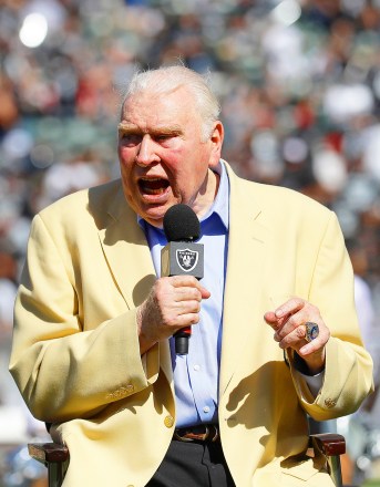 Former Oakland Raiders head coach John Madden speaks before unveiling a Pro Football Hall of Fame bust for former quarterback Ken Stabler at a ceremony during halftime of an NFL football game between the Oakland Raiders and the Atlanta Falcons in Oakland, Calif
Falcons Raiders Football, Oakland, USA - 18 Sep 2016