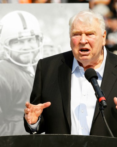 John Madden Former Oakland Raiders head coach John Madden speaks about former quarterback Ken Stabler, pictured at rear, at a ceremony honoring Stabler during halftime of an NFL football game between the Raiders and the Cincinnati Bengals in Oakland, Calif., . Stabler died in July
Bengals Raiders Football, Oakland, USA