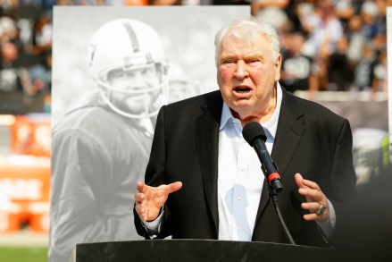John Madden Former Oakland Raiders head coach John Madden speaks about former quarterback Ken Stabler, pictured at rear, at a ceremony honoring Stabler during halftime of an NFL football game between the Raiders and the Cincinnati Bengals in Oakland, Calif., . Stabler died in July
Bengals Raiders Football, Oakland, USA