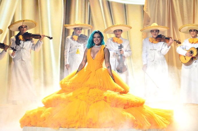 Karol G Performs On Stage At Premios Juventud