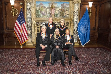 The recipients of the 44th Annual Kennedy Center Honors pose for a group photo following the Medallion Ceremony at the Library of Congress in Washington, D.C. on Saturday, December 4, 2021.  From left to right back row: 'Saturday Night Live' creator Lorne Michaels, legendary stage and screen icon Bette Midler. Front row, left to right: operatic bass-baritone Justino Diaz, singer-songwriter Joni Mitchell and Motown founder, songwriter, producer and director Berry Gordy..
44th Annual Kennedy Center Honors Formal Artist's Dinner Arrivals, Washington, District of Columbia, United States - 05 Dec 2021