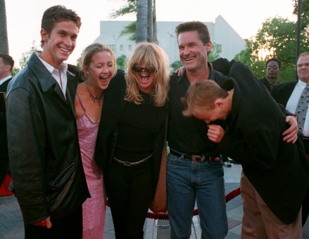 HAWN RUSSELL HUDSON Actress Goldie Hawn, third from left, and actor Kurt Russell laugh with, from left to right, Hawn's children Oliver Hudson, Kate Hudson, and Boston Russell, before attending the premeire of Russell's new motion picture "Breakdown," in Los Angeles, Calif
PEOPLE HAWN RUSSELL, LOS ANGELES, USA