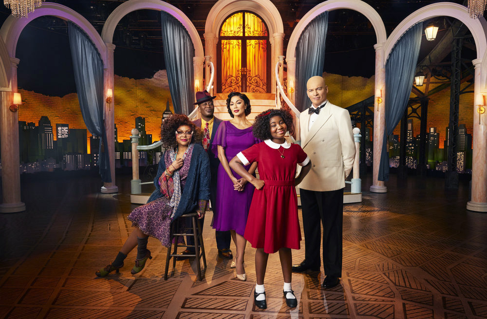 ANNIE LIVE! -- Season: 2021 -- Pictured: (l-r) Taraji P. Henson as Miss Hannigan, Tituss Burgess as Rooster Hannigan, Nicole Scherzinger as Grace Farrell, Celina Smith as Annie, Harry Connick, Jr. as Daddy Warbucks -- (Photo by: Paul Gilmore/NBC)