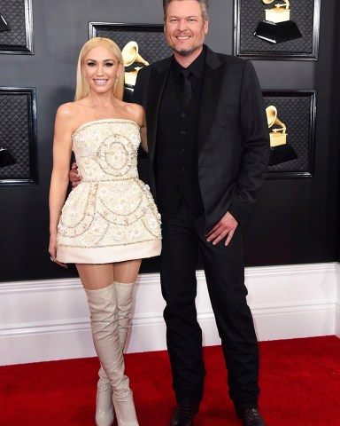 Gwen Stefani, Blake Shelton. Gwen Stefani, left, and Blake Shelton arrive at the 62nd annual Grammy Awards at the Staples Center, in Los Angeles 62nd Annual Grammy Awards - Arrivals, Los Angeles, USA - 26 Jan 2020