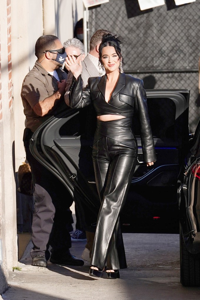 Katy Perry In Cutout Leather Jumpsuit