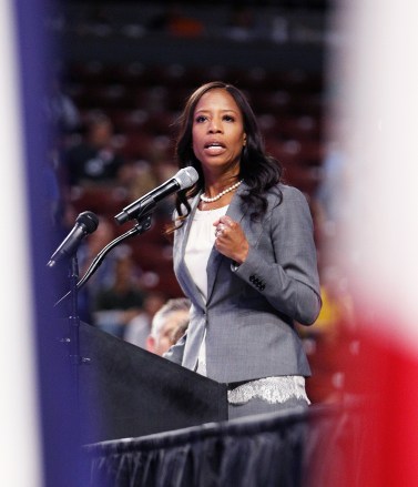 Utah U.S. Congresswoman Mia Love speaks at the Utah Republican 2018 nominating convention, in West Valley City, Utah. Mitt Romney is facing nearly a dozen Republican contenders in Utah on Saturday as he works to secure the state GOP nomination for a Senate seat without a primary
Utah Convention 2018, West Valley City, USA - 21 Apr 2018