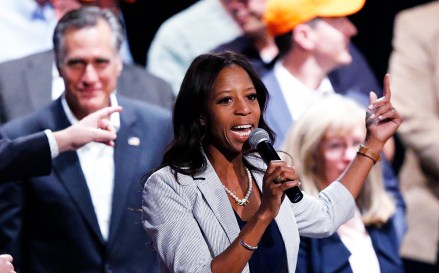 Republican U.S. Rep. Mia Love speaks during a campaign rally with the state's beloved adopted son, Mitt Romney, rear, as her tight re-election race kicks into high gear, in Lehi, Utah
Utah House Love Romney, Lehi, USA - 24 Aug 2018