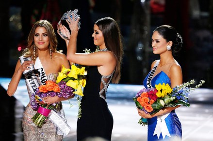 Former Miss Universe Paulina Vega, center, removes the crown from Miss Colombia Ariadna Gutierrez, left, before giving it to Miss Philippines Pia Alonzo Wurtzbach, right, at the Miss Universe pageant, in Las Vegas. Gutierrez was incorrectly named the winner before Wurtzbach was given the Miss Universe crown
Miss Universe Pageant, Las Vegas, USA - 20 Dec 2015
