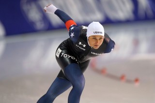 United States' Brittany Bowe skates during the women's 1500-meter World Cup speedskating race at the Utah Olympic Oval, in Kearns, Utah
WCup Speedskating, Kearns, United States - 05 Dec 2021