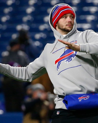 Buffalo Bills quarterback Josh Allen (17) warms up prior to the first half of an NFL wild-card playoff football game against the New England Patriots in Orchard Park, N.Y
Patriots Bills Football, Orchard Park, United States - 15 Jan 2022